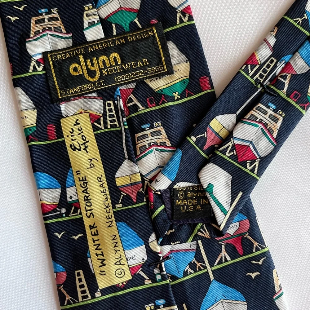 VTG 80s Alynn Neckwear Old Money Sailing Marina Boats Graphic Silk Tie